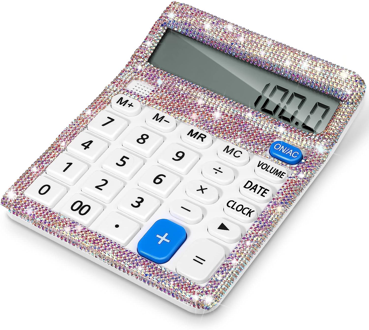 230527222219260_1 Stylish Bling Rhinestone Desktop Calculator 12 Digit Decorative Large LCD Display Office Calculator with Time Alarm Clock for Home School Office Desk Accessory, White - Image 1